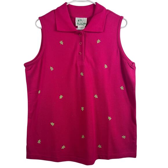 The Quacker Factory New Pink Green Turtle Print Collared Sleeveless Polo Top L - Picture 1 of 10